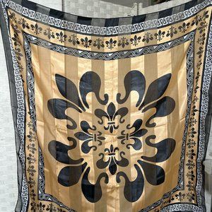 Women's Large Square Black and Gold Fleur de Lis Scarf, 40" X 40"